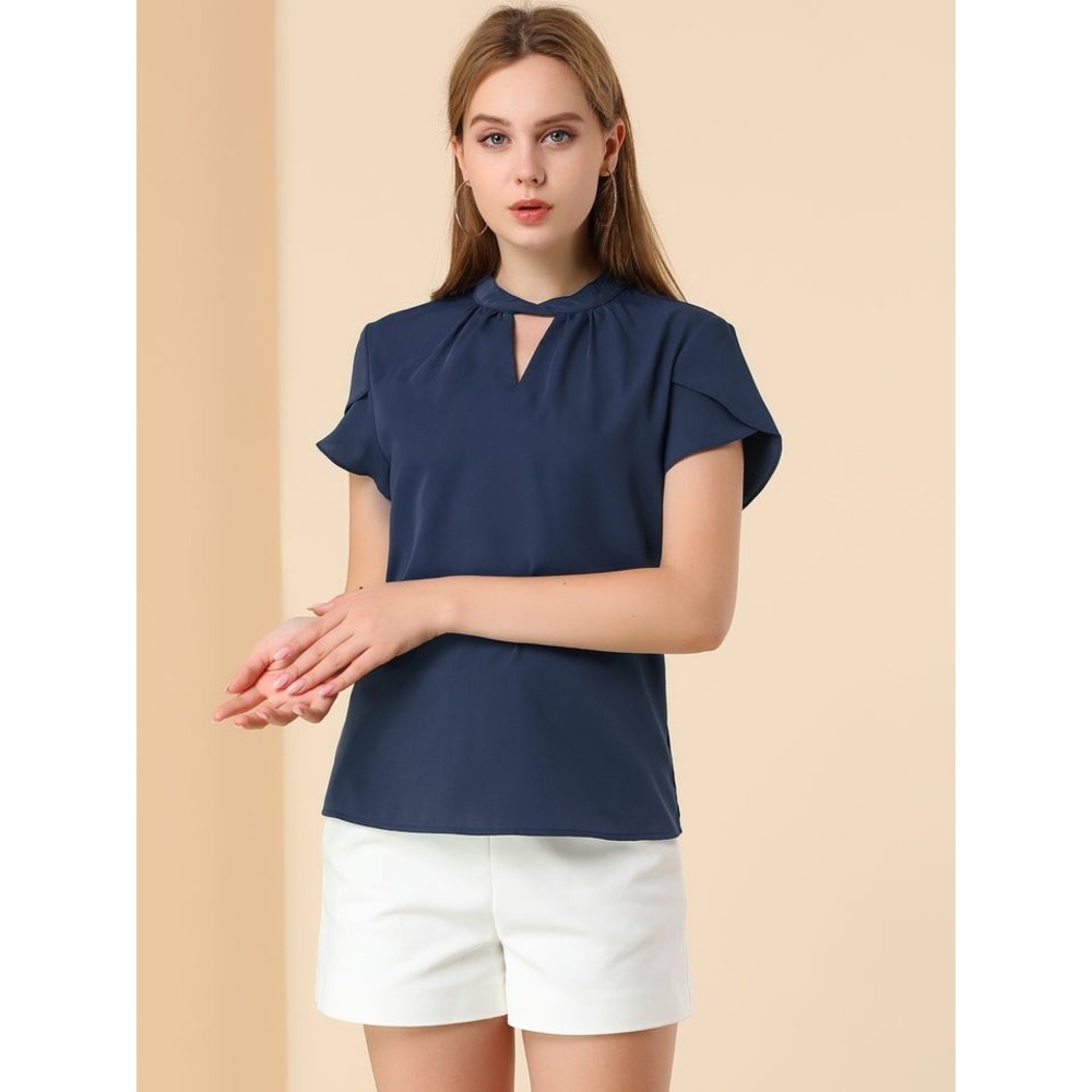Allegra K Navy Blouse Keyhole Neck Short Sleeve Top XS NWT